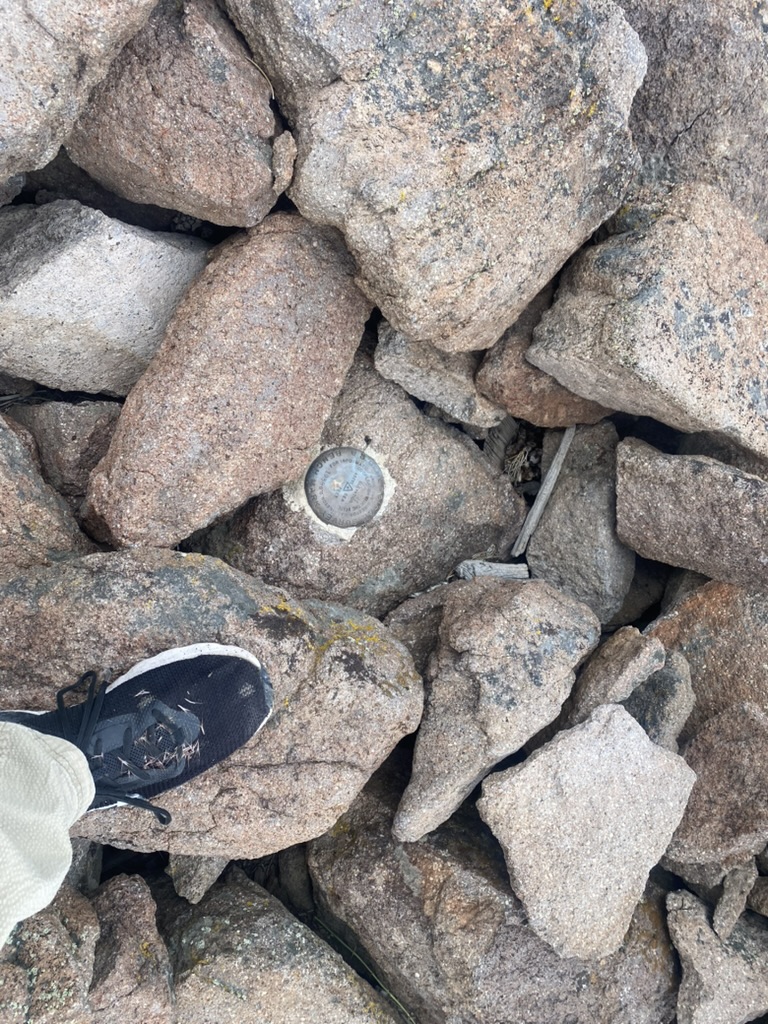 USGS benchmark disc in the summit rock with foxtail burrs stuck to a hiking shoe