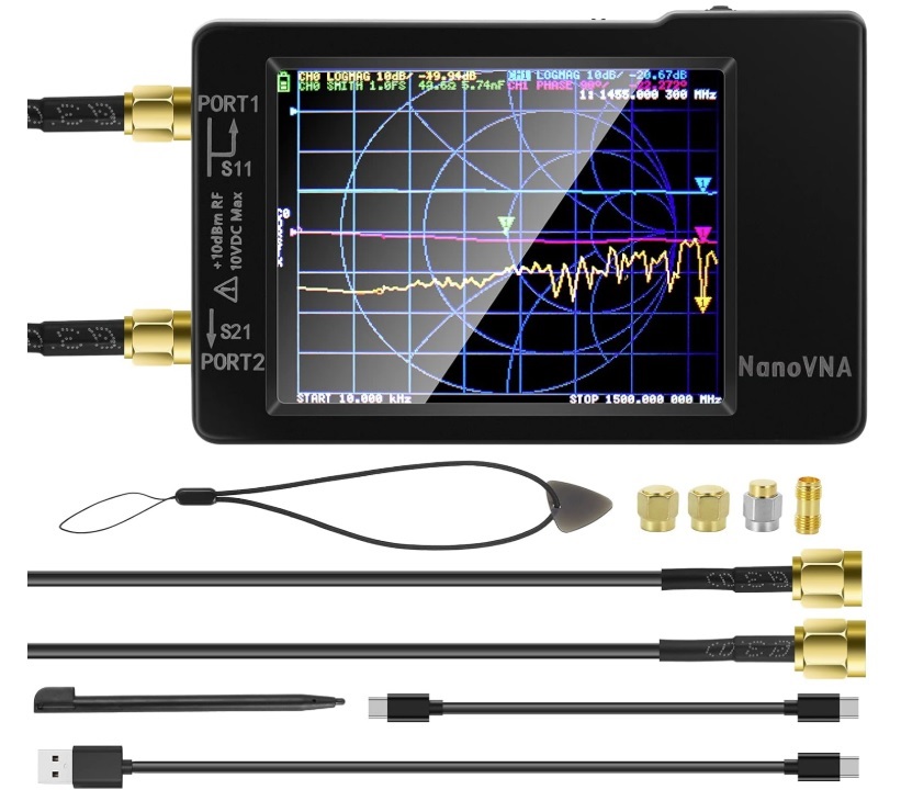 NanoVNA vector network analyzer used for SWR and gain measurements