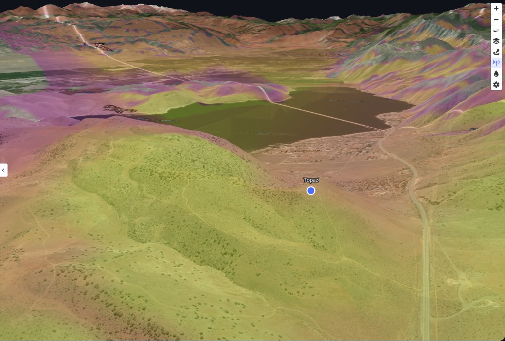 Three-dimensional coverage view from Topaz toward the Sierra crest and Smith Valley